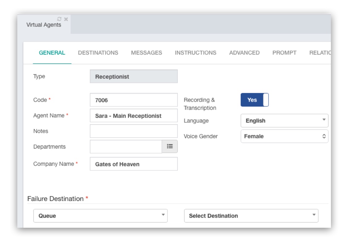 AI virtual agent configuration screen inside CompletePBX