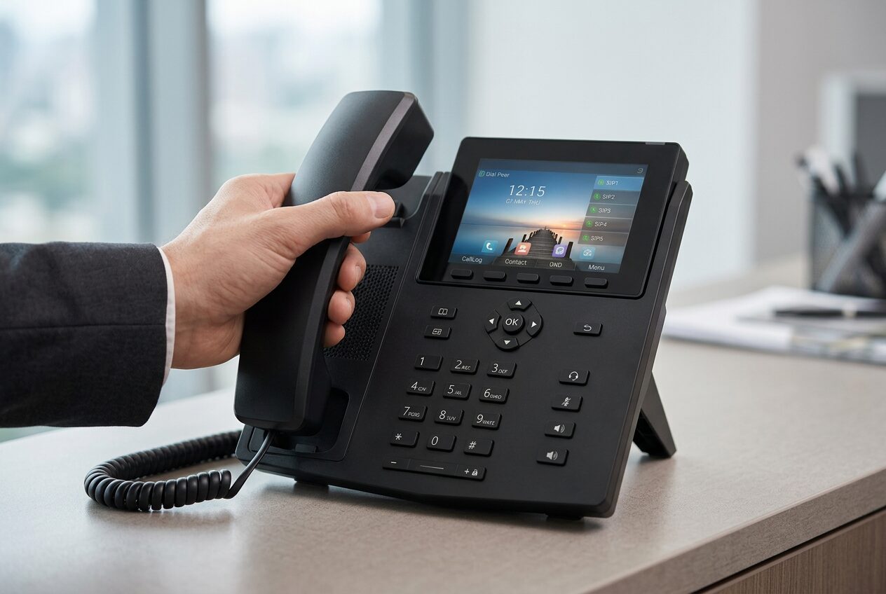 A receptionist lifting the handset of a Xorcom desk phone at a hotel front desk