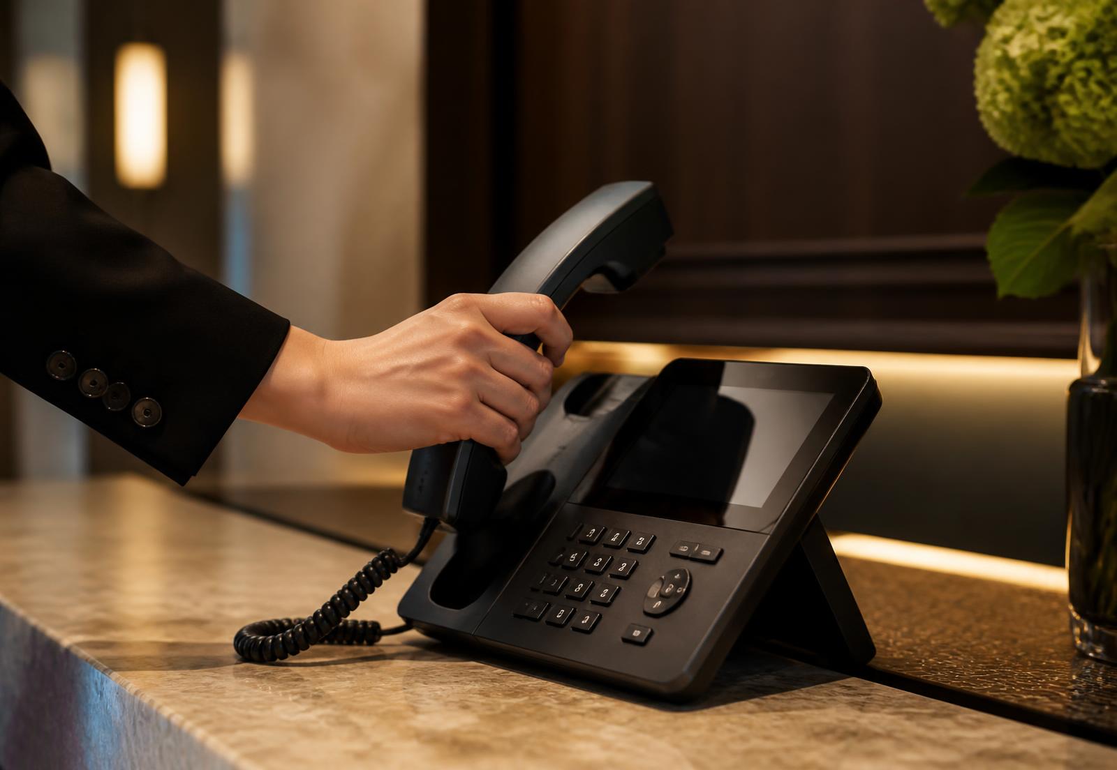 A receptionist lifting the handset of a Xorcom desk phone at a hotel front desk