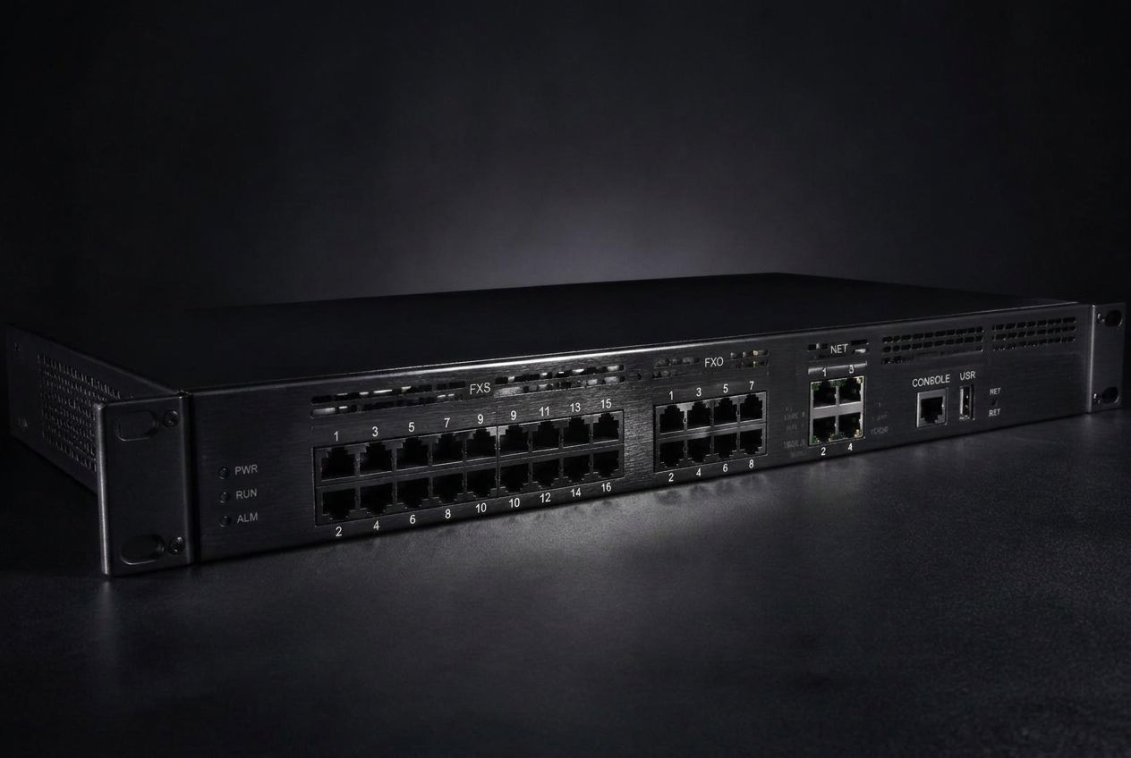 Xorcom rack mount IP PBX appliance photographed at an angle in service