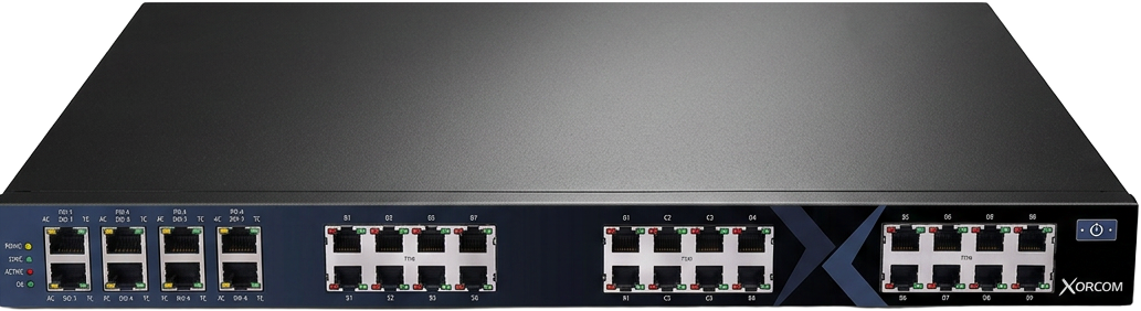 Xorcom Swan modular 1U IP PBX appliance, front panel with FXS, FXO and Ethernet ports
