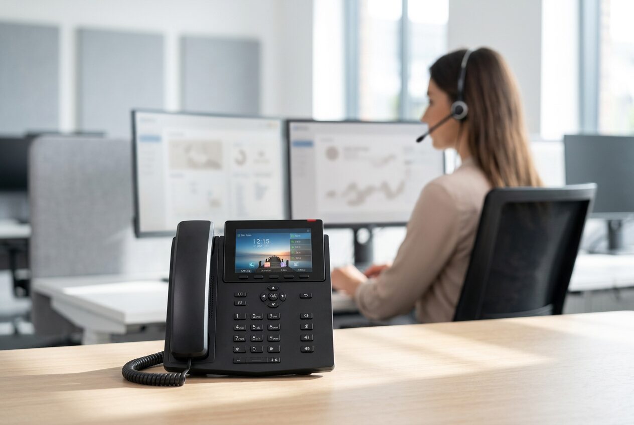 Contact centre operator at a Xorcom desk phone with a headset
