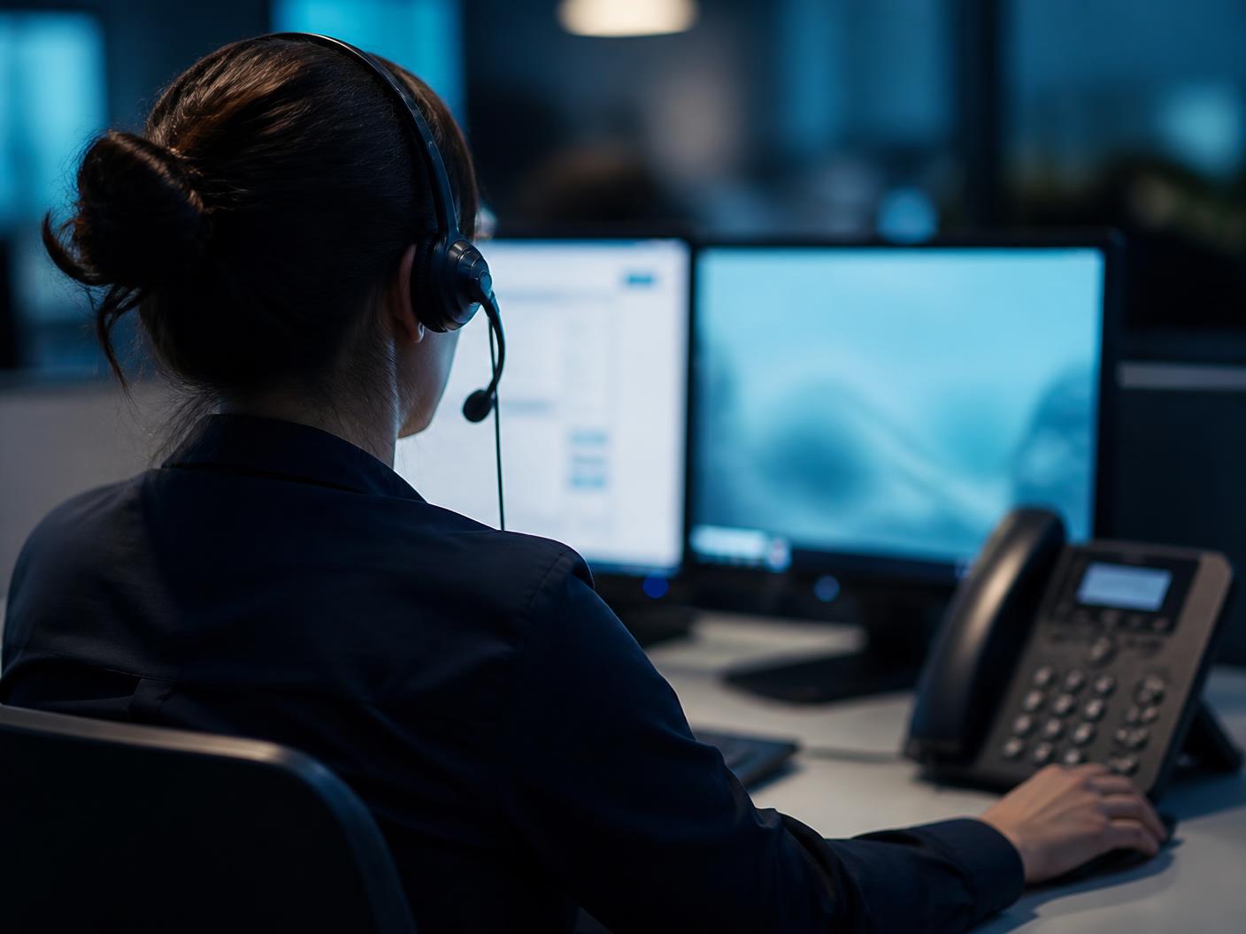 Contact centre operator at a Xorcom desk phone with a headset