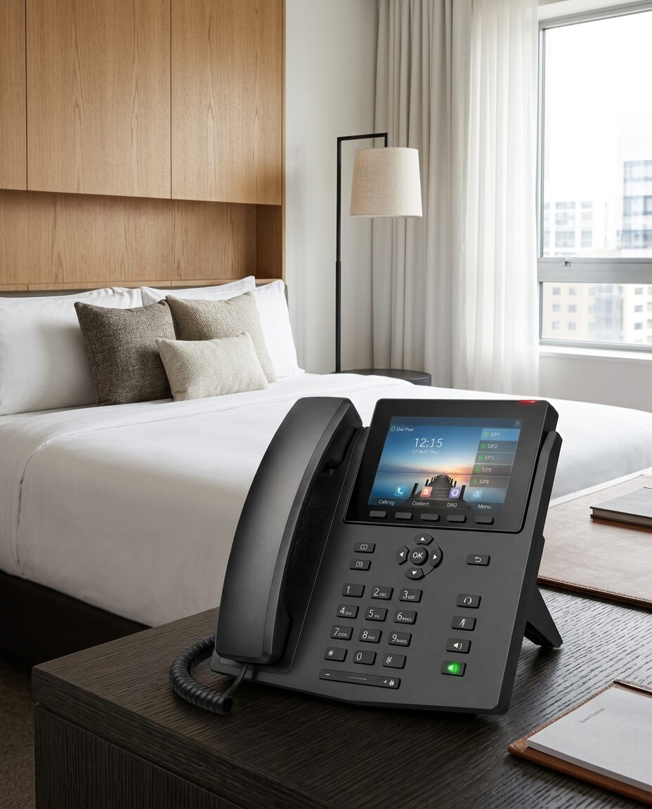 Hotel guest room with the bedside telephone in the foreground