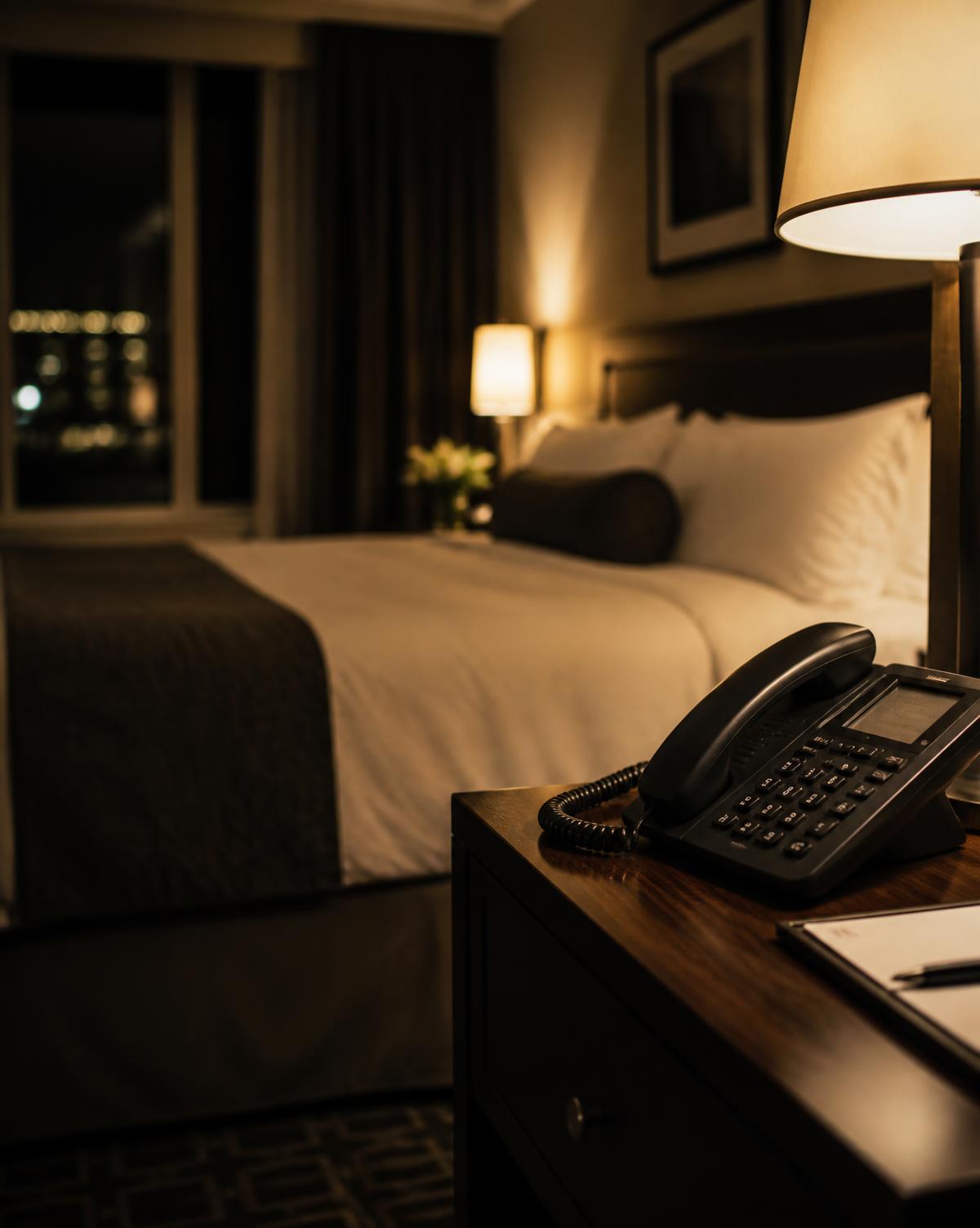 Hotel guest room with the bedside telephone in the foreground