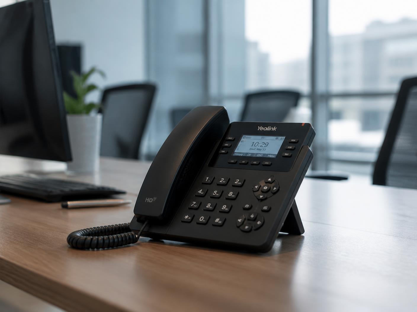 Public sector office desk with a business IP phone