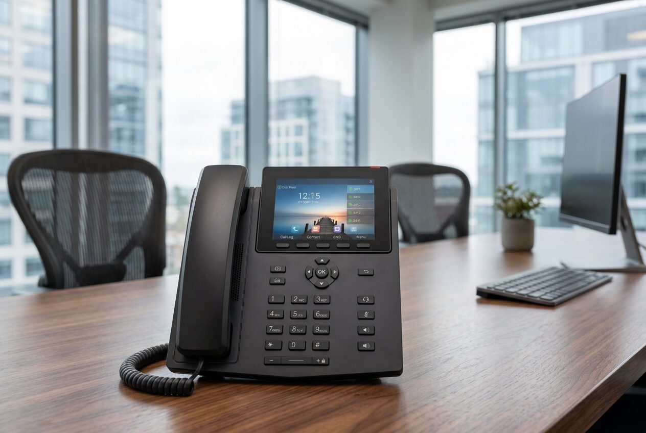 Public sector office desk with a business IP phone