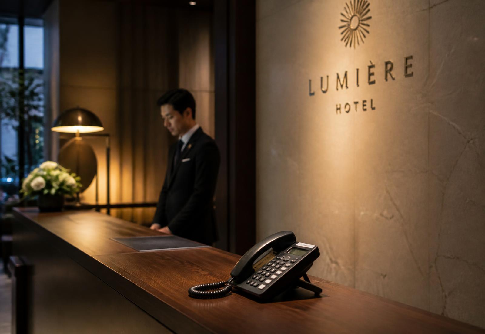 Corporate building reception desk with a business phone