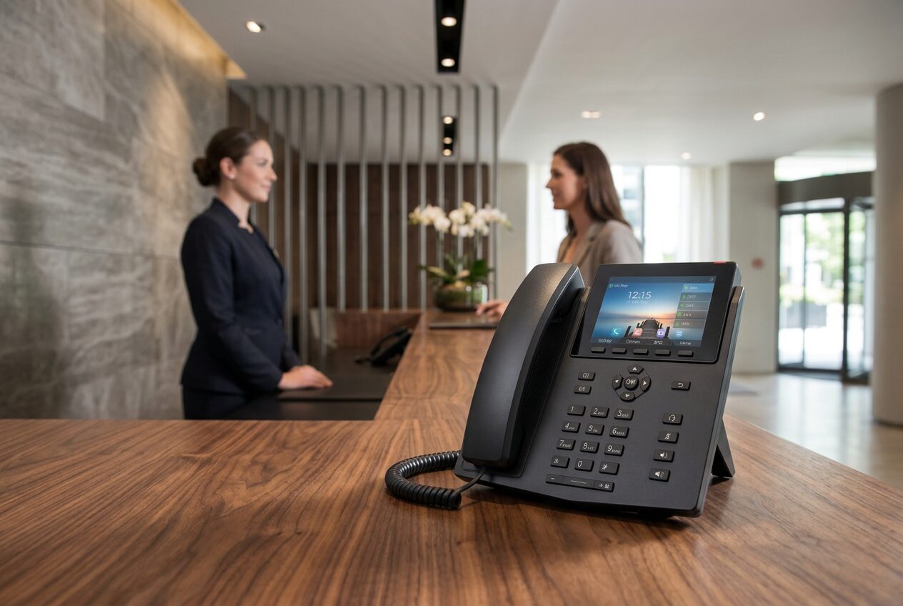 Corporate building reception desk with a business phone