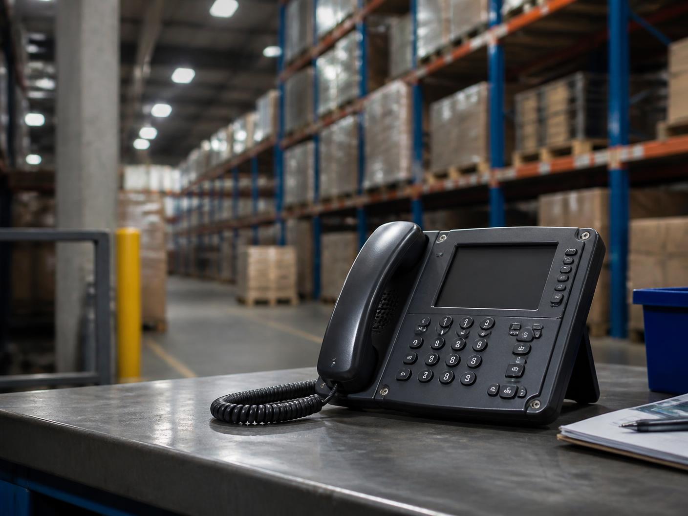 Warehouse operations desk with a rugged business IP phone