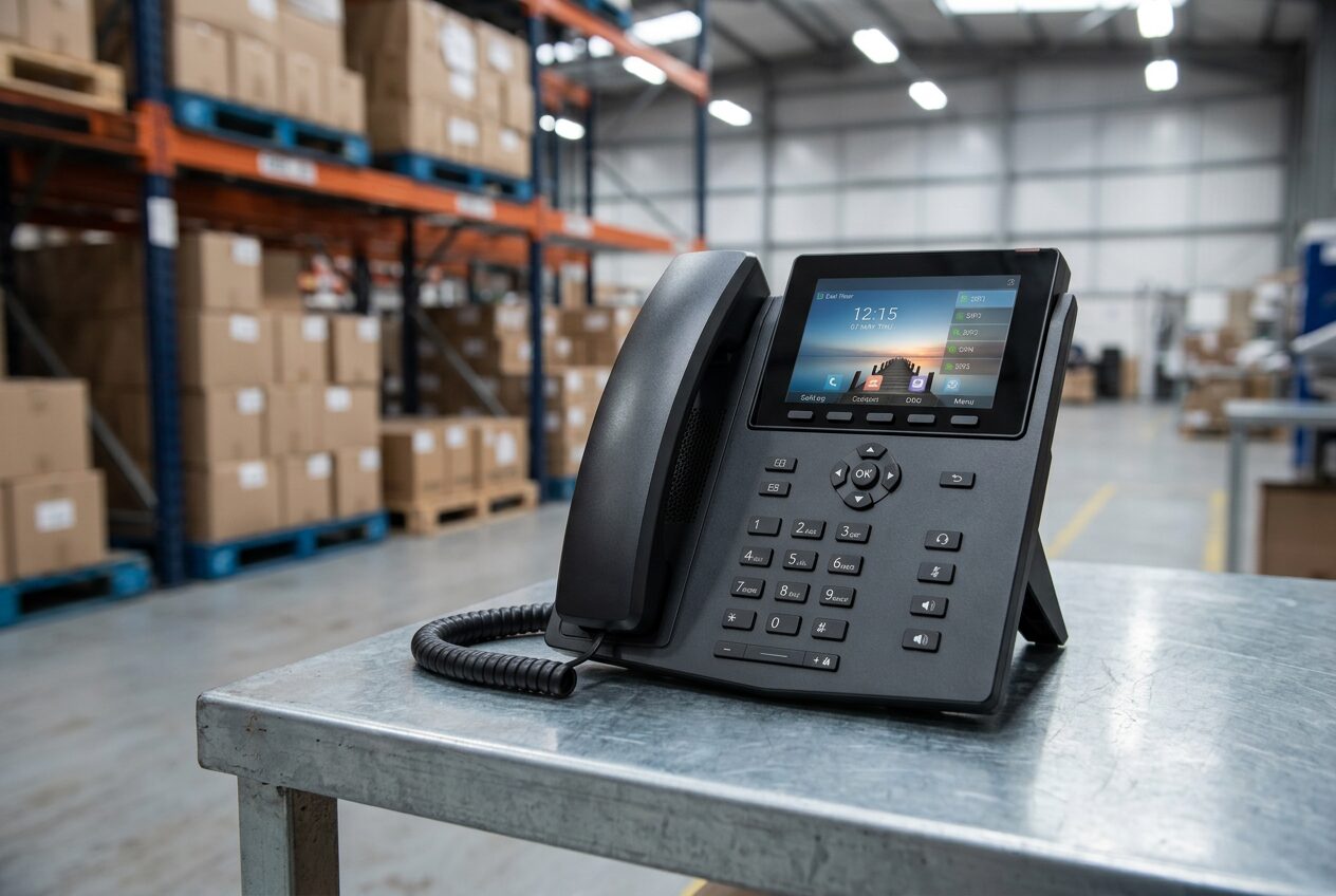 Warehouse operations desk with a rugged business IP phone