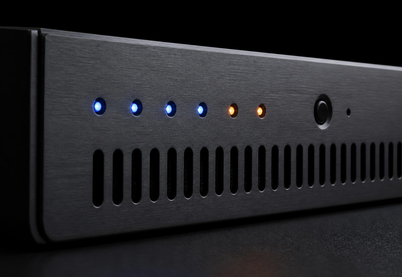 Macro detail of a Xorcom appliance front panel: status LEDs, ventilation slots and brushed metal chassis