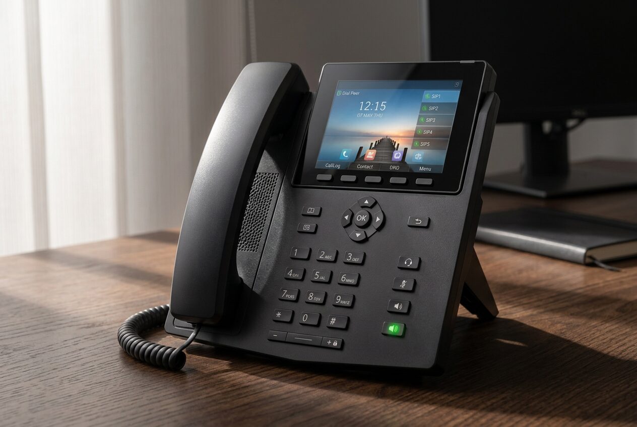 Business IP desk phone on an office desk, handset lifted during a call