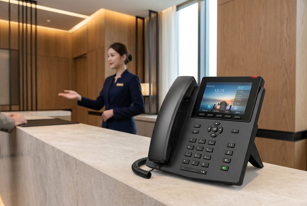 Hotel front desk with a Xorcom business phone in use at reception
