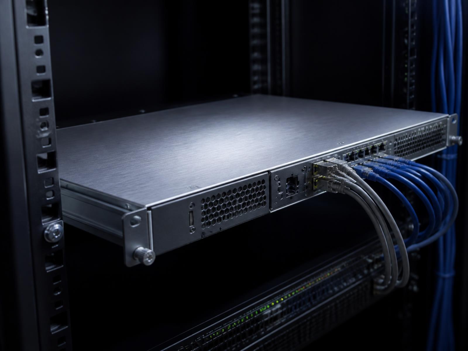 Xorcom 1U IP PBX appliance installed in a server rack with patched network cabling
