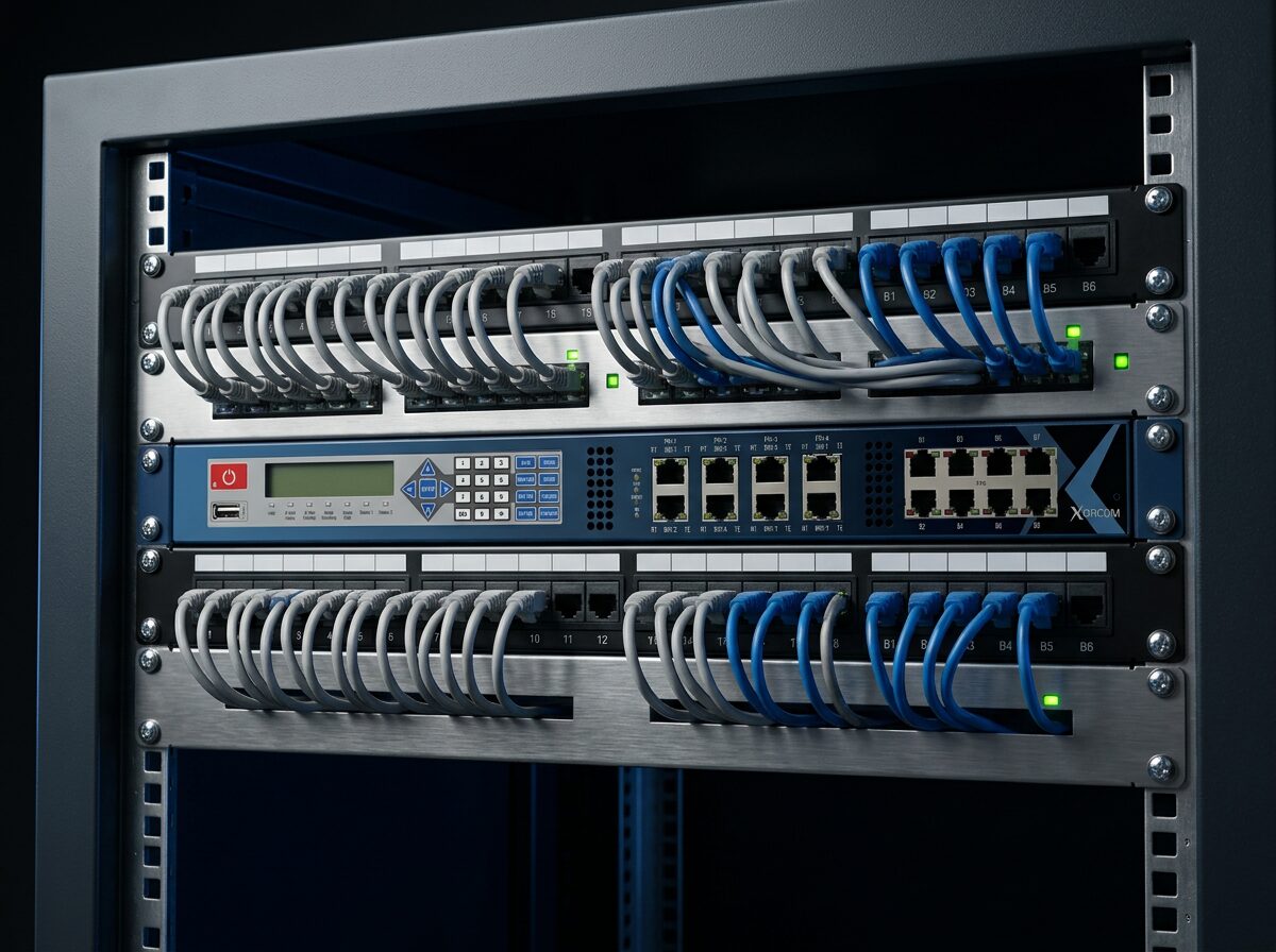 Xorcom 1U IP PBX appliance installed in a server rack with patched network cabling