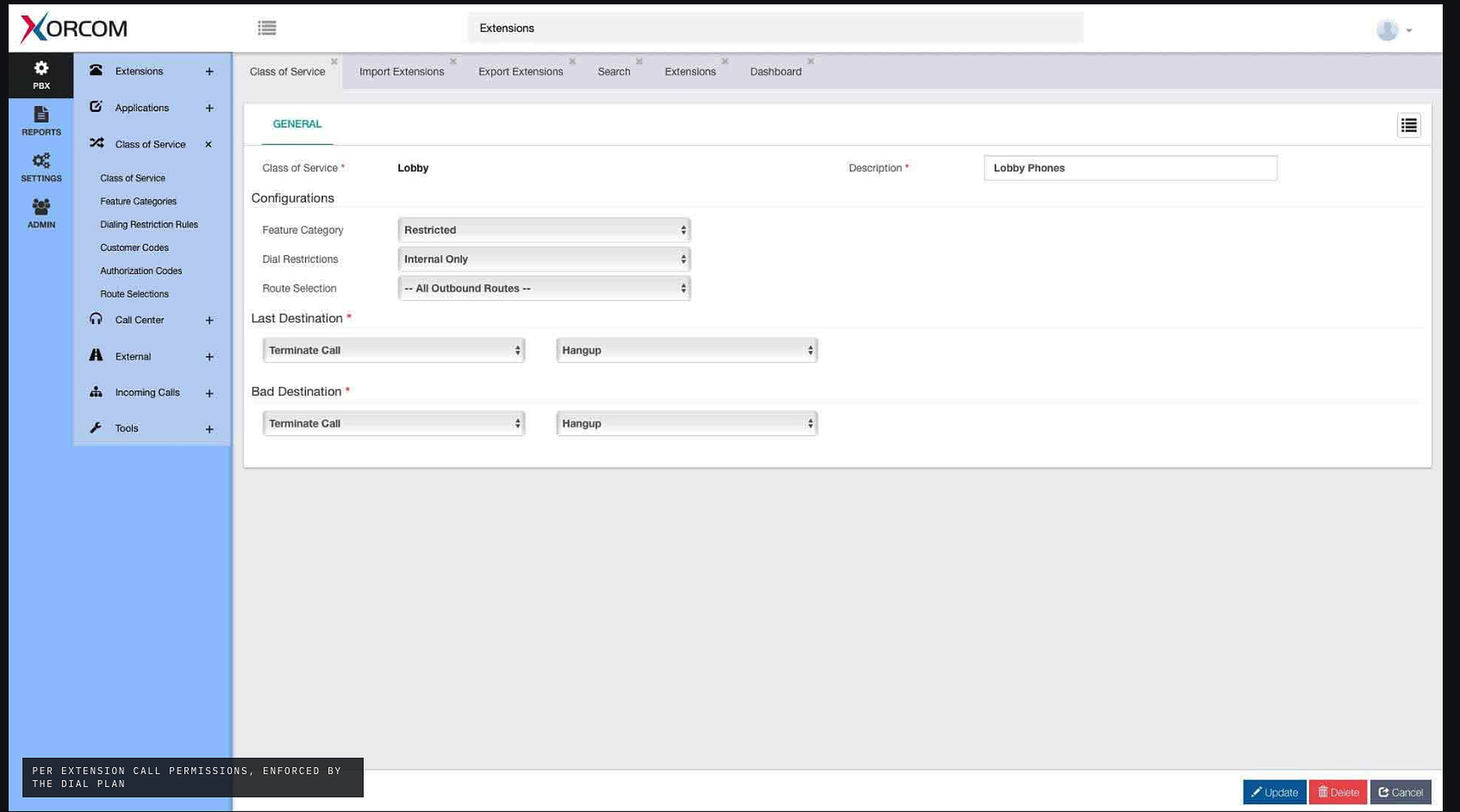 Class of service permission table in CompletePBX showing per extension call permissions