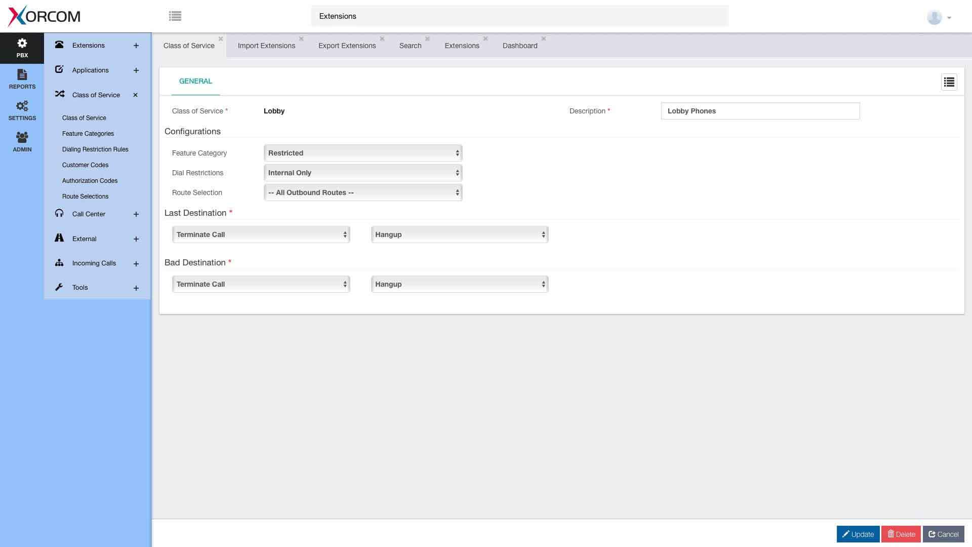 Class of service permission table in CompletePBX showing per extension call permissions