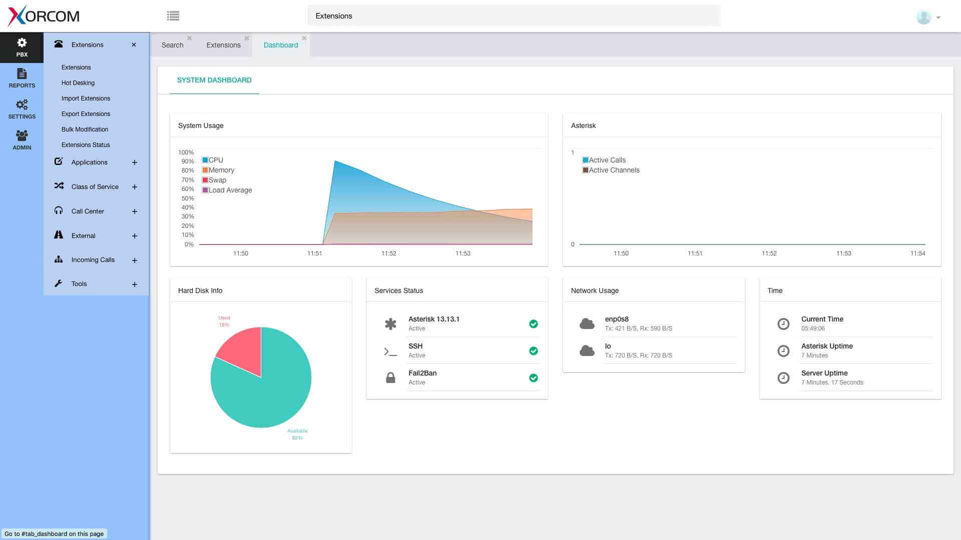 CompletePBX 5 administration dashboard showing system health, storage use and live call counters