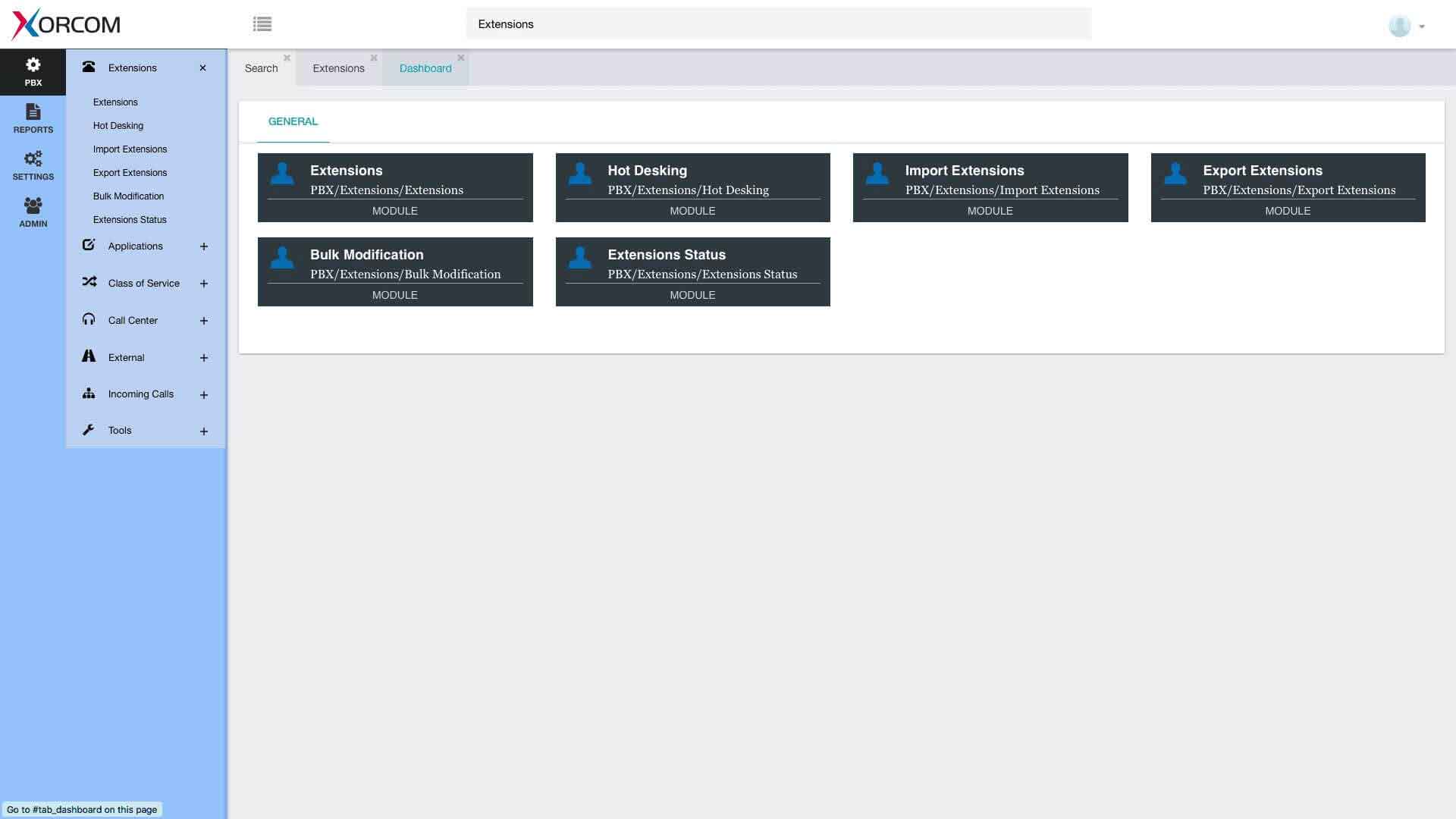 CompletePBX search results across extensions, trunks and dial plan objects